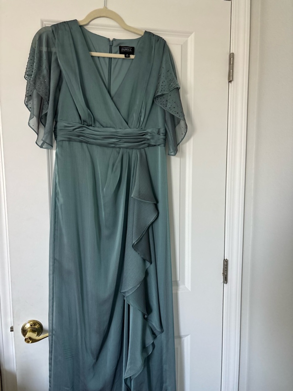 Adrianna Papell Blue Teal Maxi Ruffle Gown Dress Flutter Sleeve Crystal 12P
